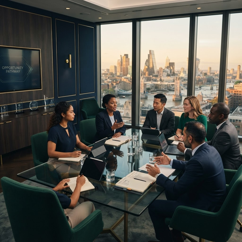 Business professionals collaborating in a modern boardroom